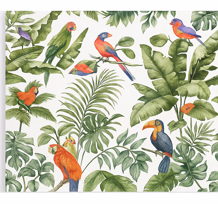 Cortina roller living comedor estampado de aves tropicales - TenVinilo
