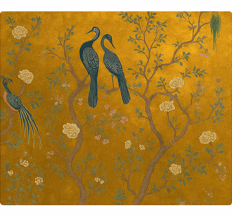 Cortina roller living comedor chinoiserie dorada adornada - TenVinilo