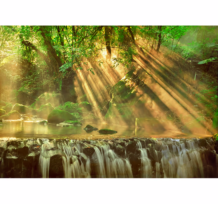 Cortina roller habitación hermoso bosque y pequeña cascada - TenVinilo