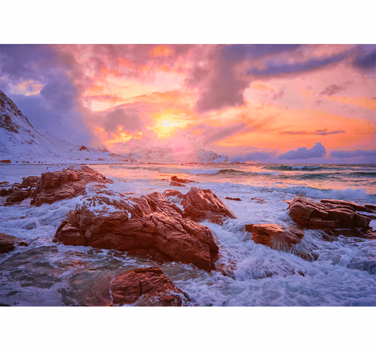 Cortina roller habitación atardecer en costa noruega - TenVinilo
