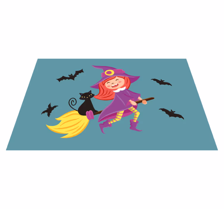 Mantel individual Halloween Bruja en escoba voladora con gato neg - TenVinilo