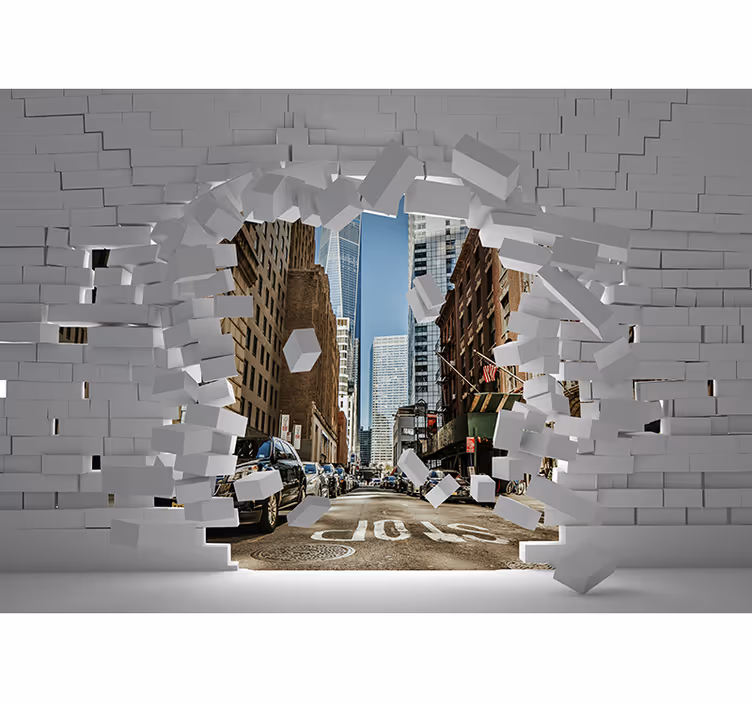 Fotomural 3D explosión ladrillos calle New York - TenVinilo