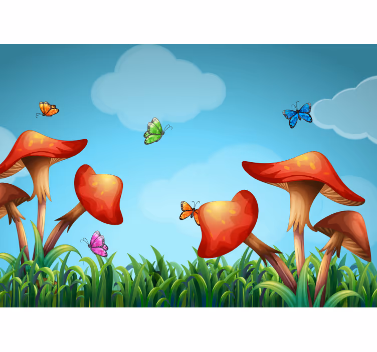 Murales infantiles Cielo de fantasía con setas rojas - TenVinilo