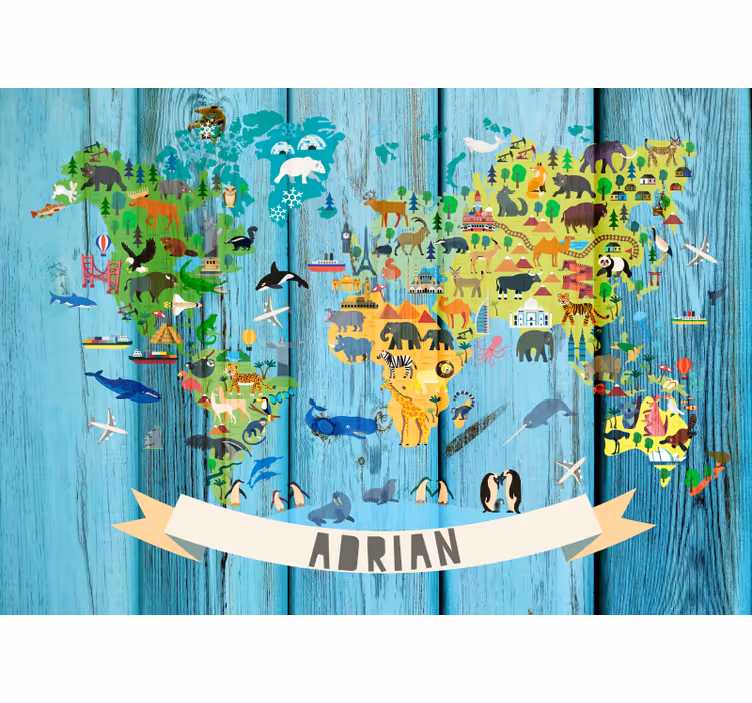 Mural mapamundi mapa de animales interactivo - TenVinilo
