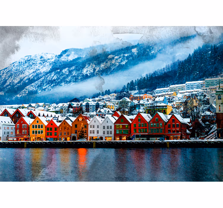 Fotomural ciudad Ciudad de bergen río invierno nieve - TenVinilo