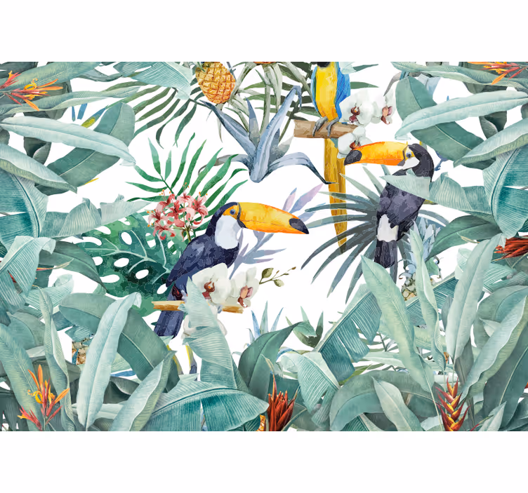 Mural de animales tucanes entre el follaje - TenVinilo