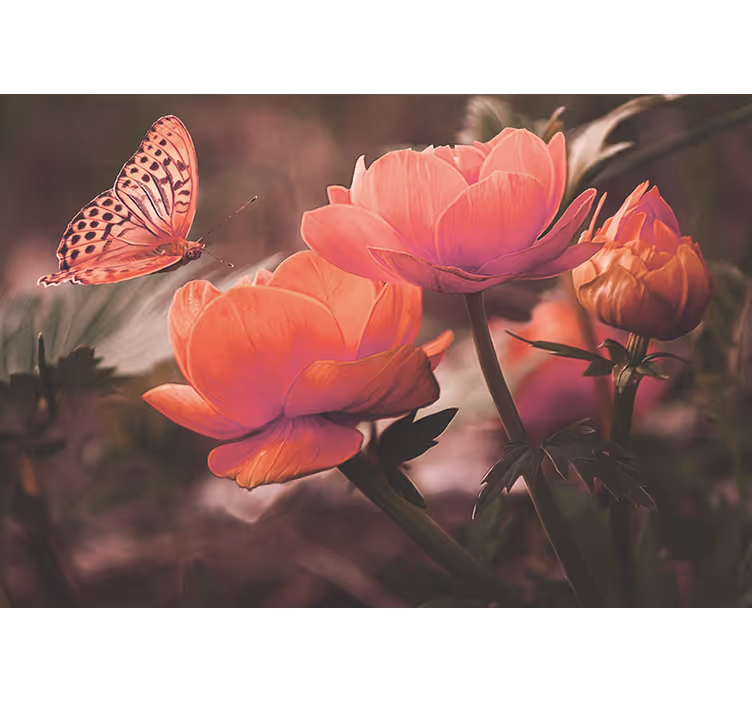 Mural de flores mariposa sobre flores - TenVinilo