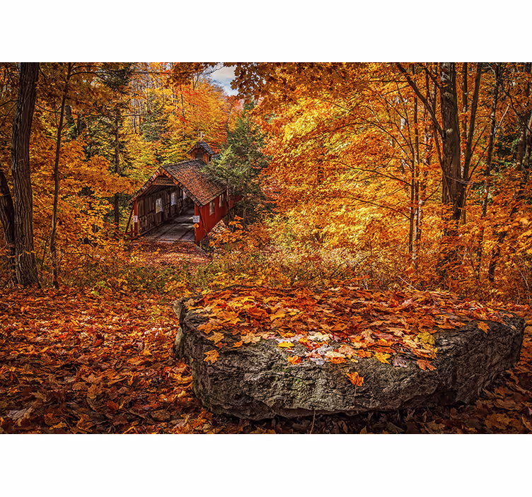 Mural de paisajes puente cubierto en otoño - TenVinilo