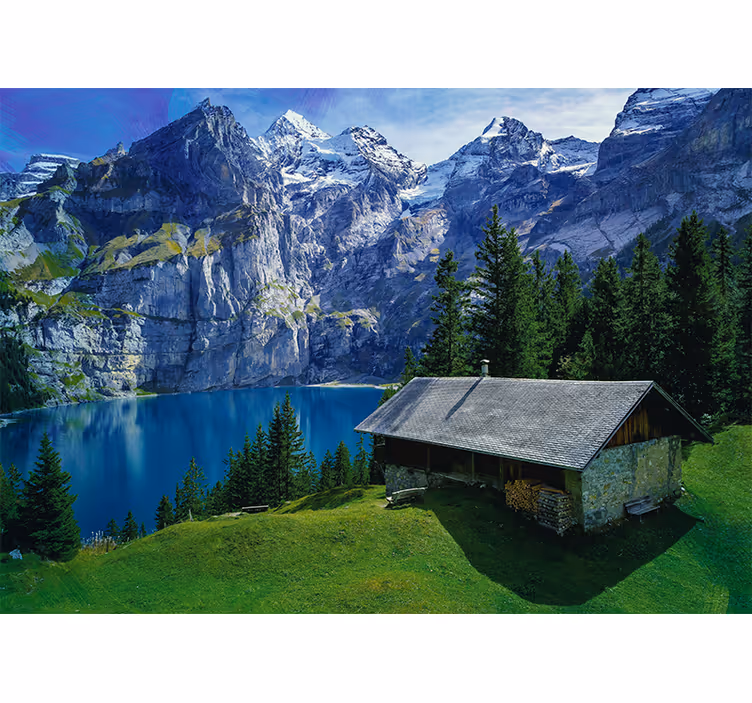 Fotomural naturaleza Cabaña junto al lago y las montañas - TenVinilo