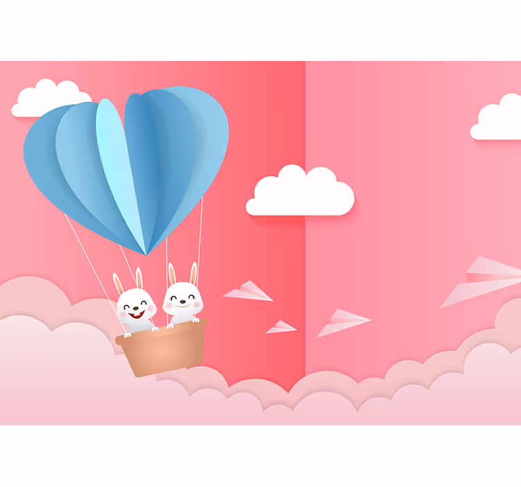 Mural infantil Linda pareja de conejitos en globo aerostático - TenVinilo