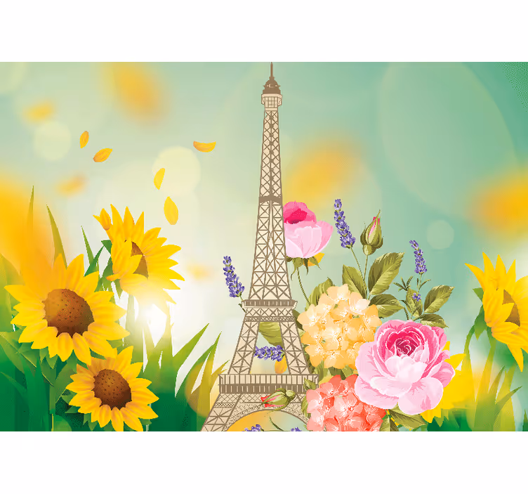 Fotomural de ciudad Torre eiffel con flores - TenVinilo