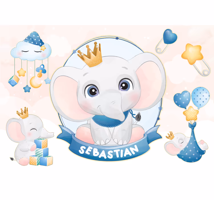 Fotomural para bebés Lindo elefante para niño con nombre - TenVinilo