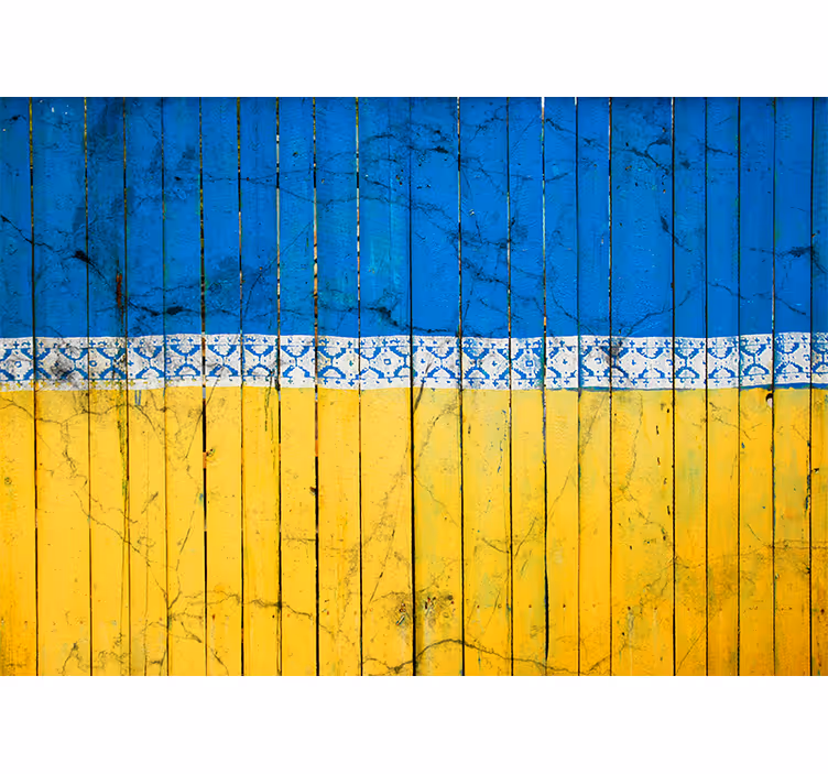 Mural para salón Valla de madera amarilla y azul - TenVinilo