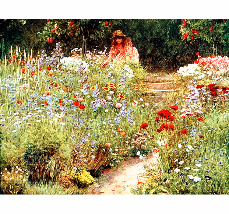 Mural de flores escena de sendero en el jardín - TenVinilo