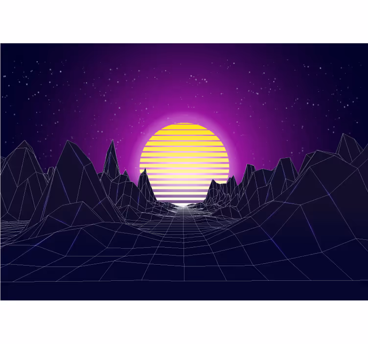 Mural abstracto atardecer geométrico en montañas - TenVinilo