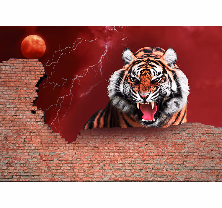 Fotomural imitación ladrillo Pared de ladrillo con tigre - TenVinilo