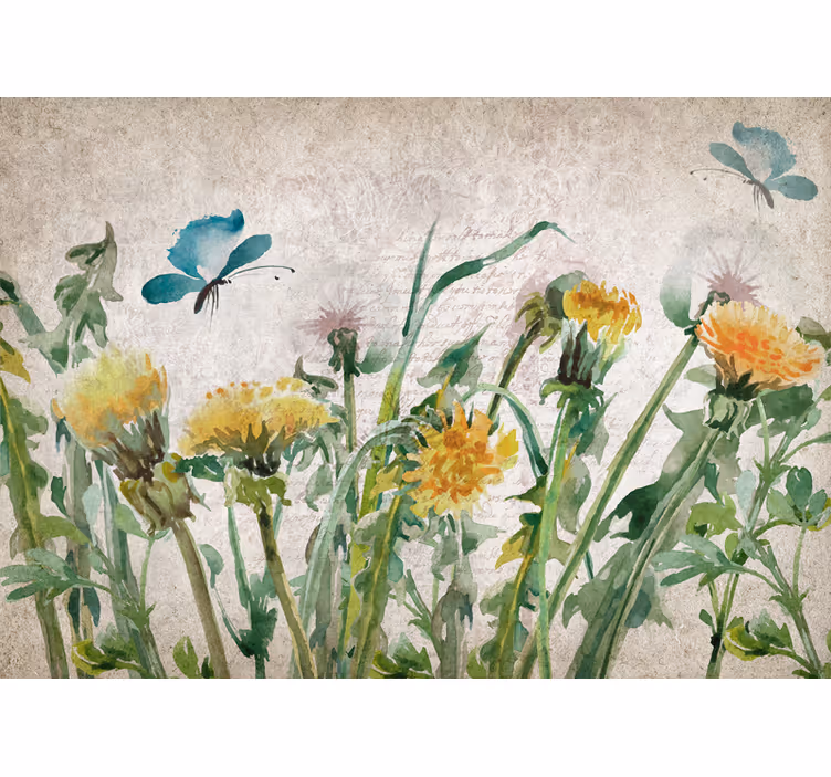 Mural de flores diente de león con mariposas - TenVinilo