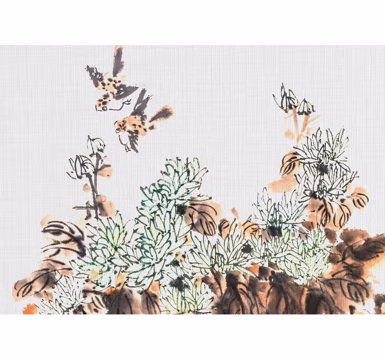 Mural para salón pájaros entre el follaje - TenVinilo