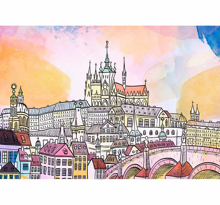 Mural para salón Ilustración de la ciudad de praga al atardecer - TenVinilo