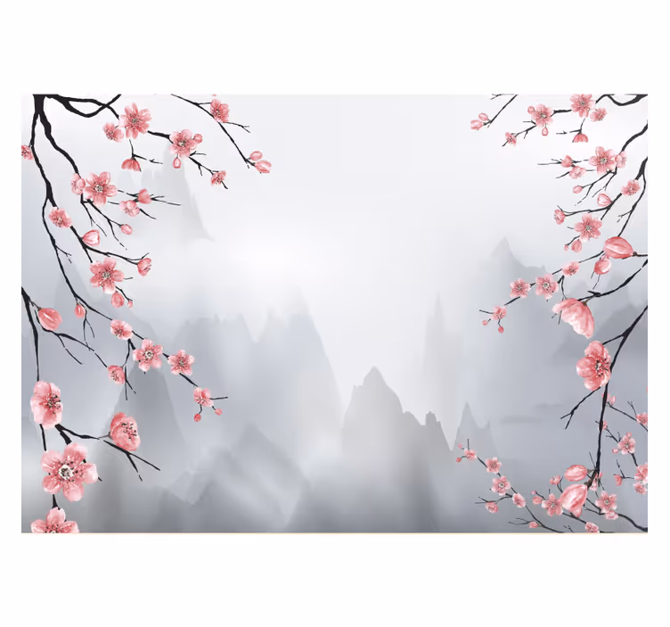 Fotomural de montañas ramas de flor de cerezo vista japonesa - TenVinilo