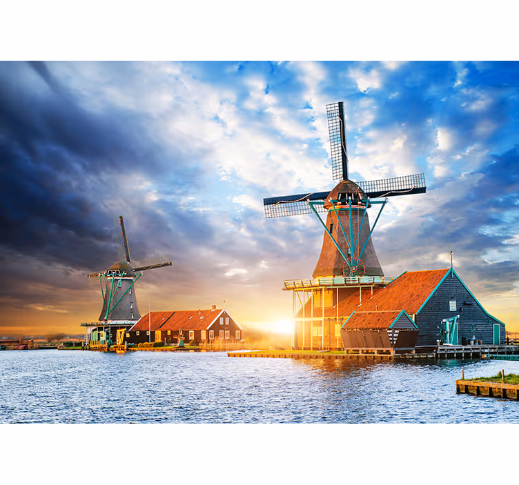 Mural de Ámsterdam molino de viento holandés al atardecer - TenVinilo