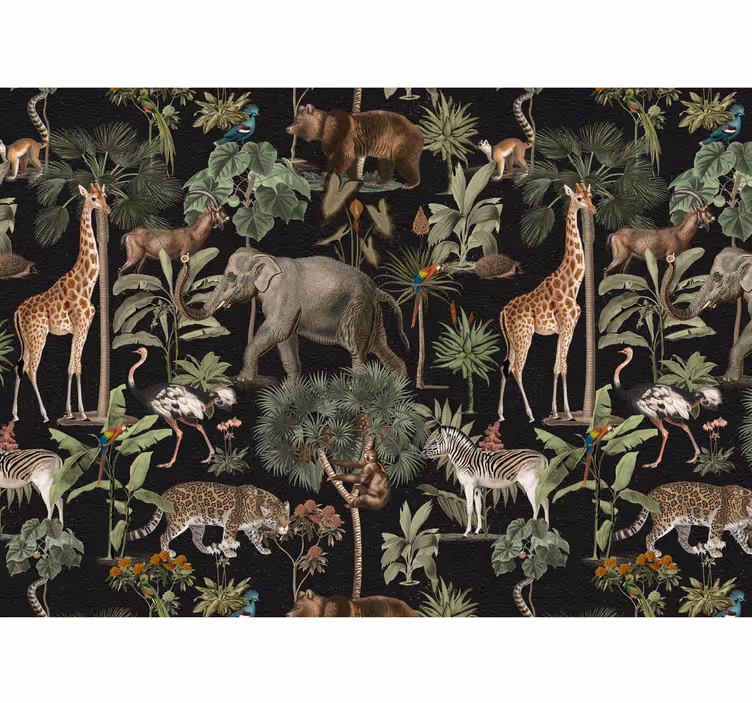 Mural infantil Animales salvajes con palmeras estilo nórdico - TenVinilo
