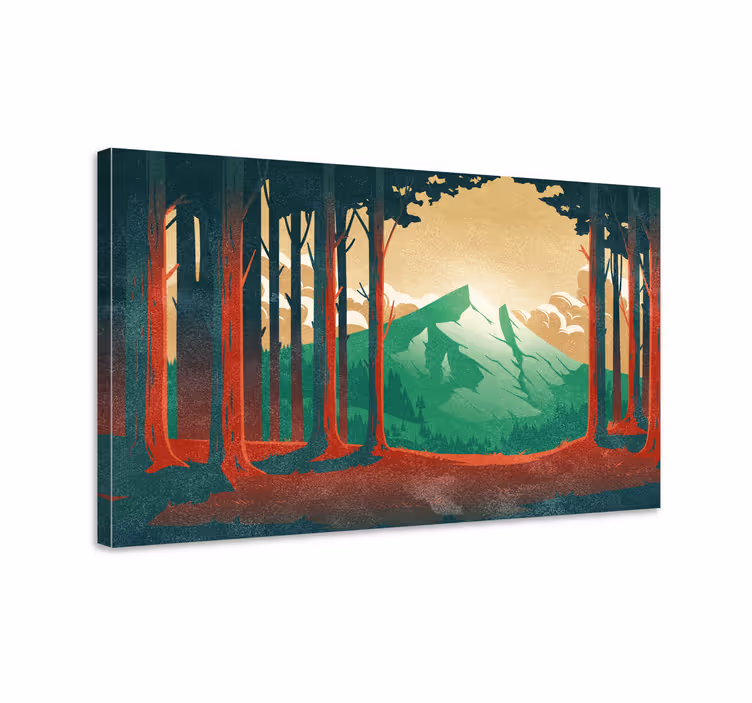 Cuadro paisajes Bosque de dibujos animados con montaña - TenVinilo