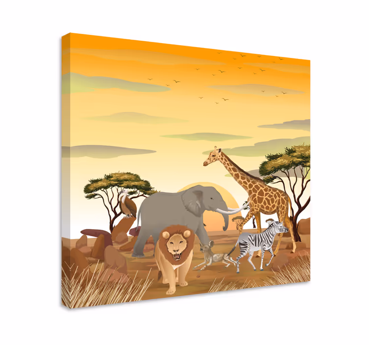 Cuadro infantil Animales africanos con plantas. - TenVinilo
