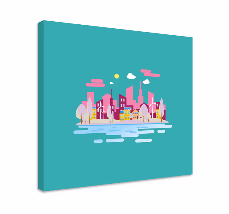 Cuadro infantil Ciudad rosa con mar - TenVinilo