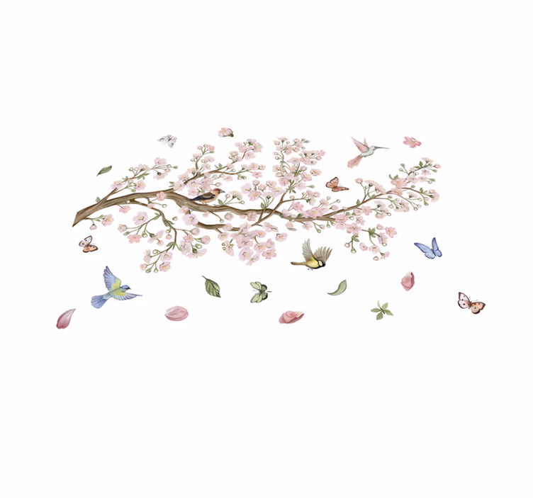 Alfombra vinílica flores cerezo en flor con aves - TenVinilo