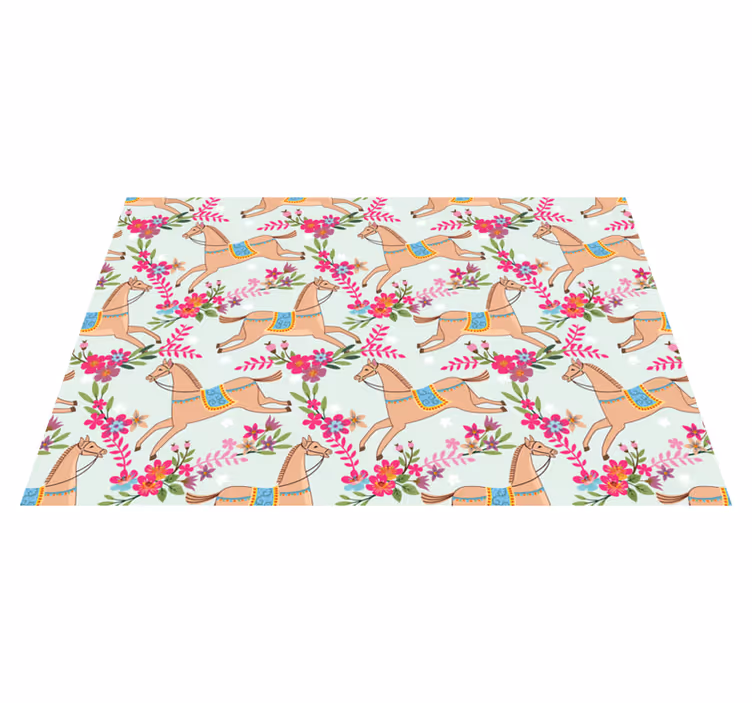 Alfombra vinílica animales patrón caballo flores rosas - TenVinilo