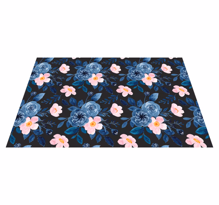 Alfombra vinílica flores azul y rosa sobre fondo negro - TenVinilo