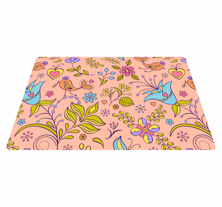 Alfombra vinílica flores patrón floral con aves y mariposas - TenVinilo