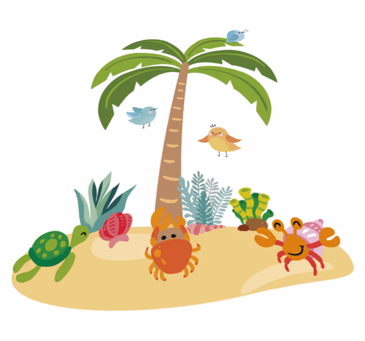 Alfombra vinílica infantil palmera y animales marinos - TenVinilo