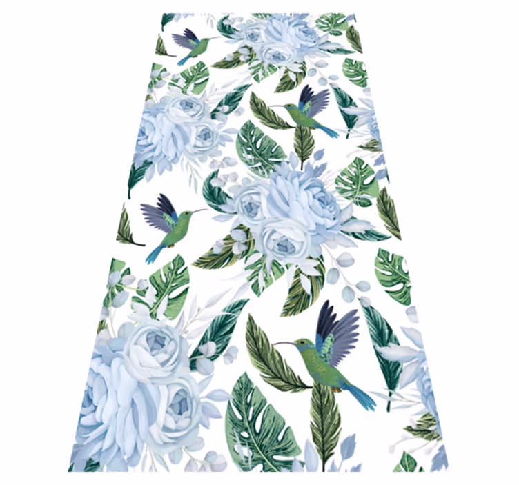 Alfombra vinílica cocina flores azules y pájaros - TenVinilo