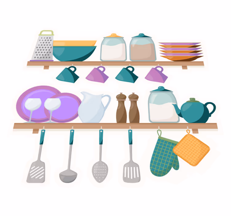 Alfombra vinílica cocina estantes con utensilios de cocina - TenVinilo
