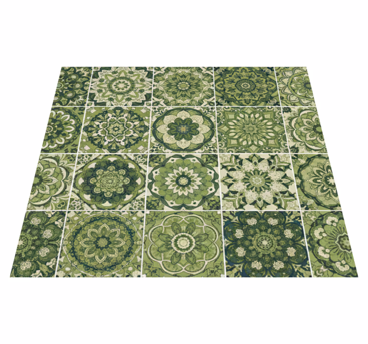 Alfombra vinílica cocina efecto caleidoscópico verde musgo - TenVinilo