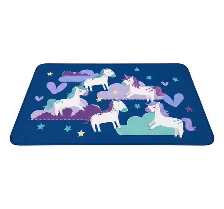 Alfombra vinílica infantil unicornios con nubes y estrellas - TenVinilo