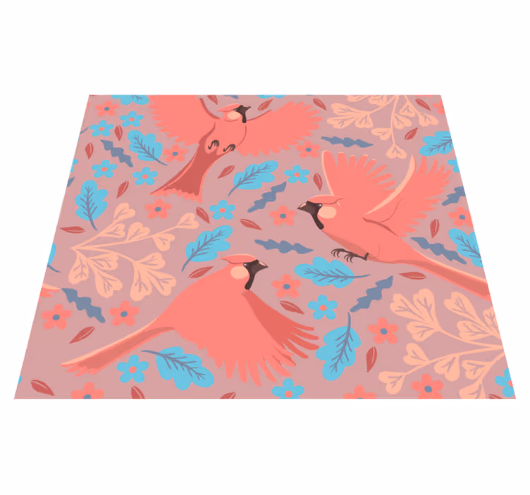 Alfombra vinílica salón fondo rosa con aves en rama - TenVinilo
