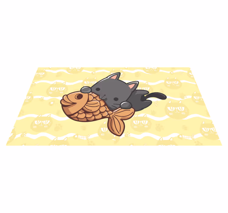 Alfombra vinílica animales gato bebé comiendo pescado - TenVinilo