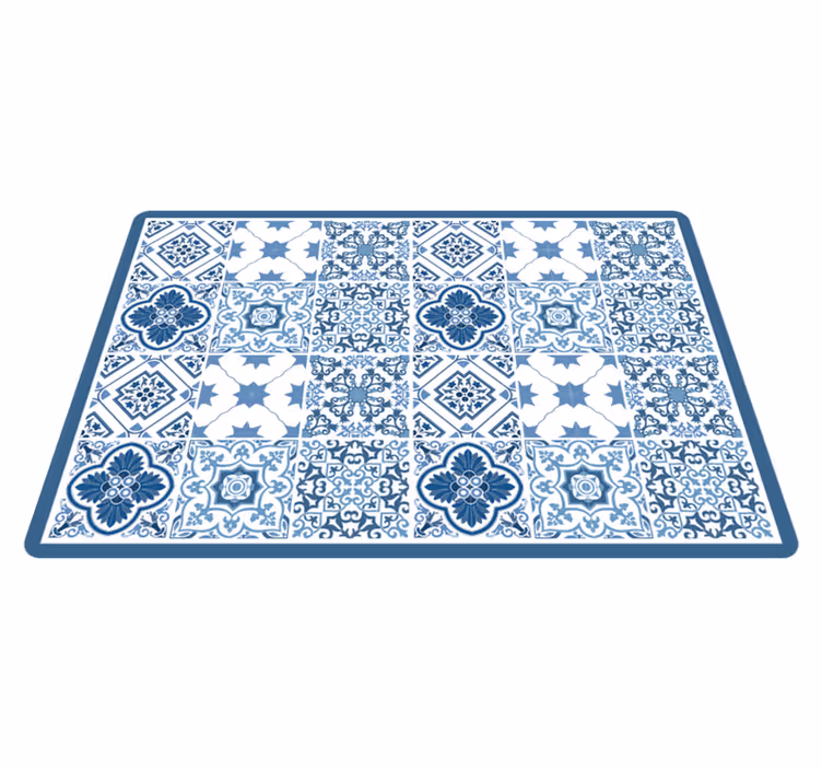 Alfombra vinílica baño Portugués floral azul y gris - TenVinilo