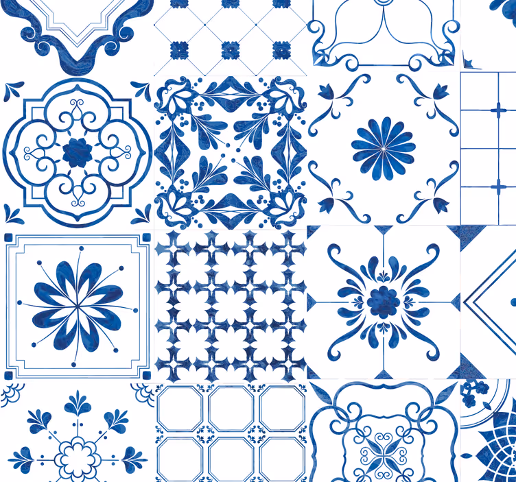 Papel tapiz azulejos intrincado motivo azul y blanco - TenVinilo