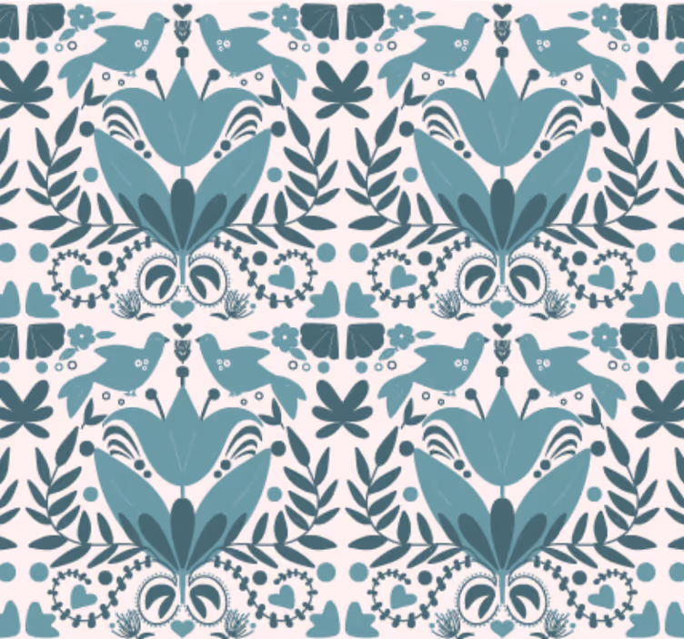 Papel tapiz cocina patrón folk azul con aves - TenVinilo