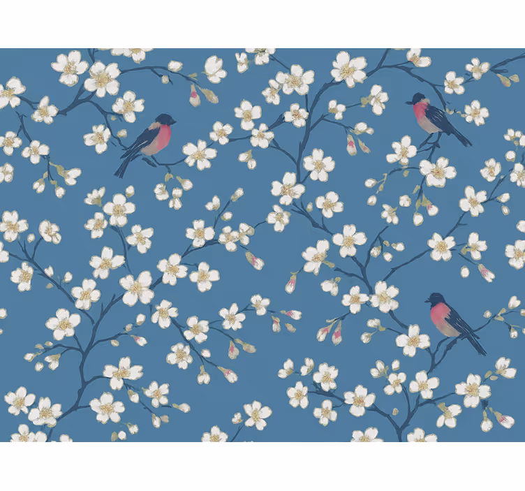 Papel tapiz flores pajaritos del huerto azul - TenVinilo