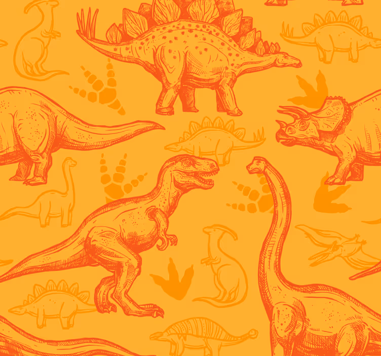 papel pintado infantil Dinosaurios figuers fondo naranja - TenVinilo