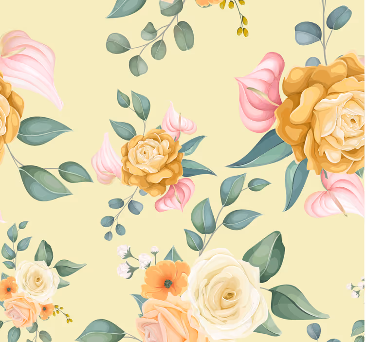 Papel pintado flores rosas amarillas retro - TenVinilo
