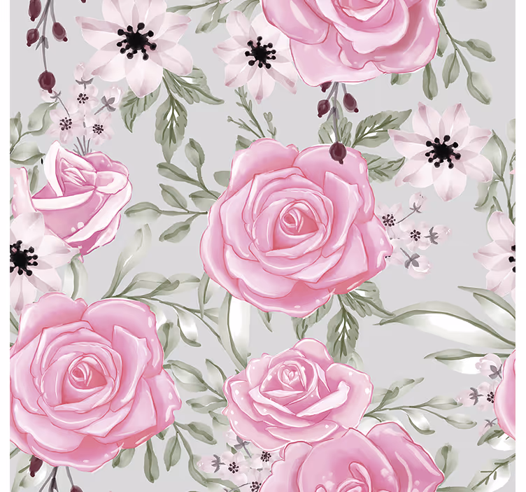 Papel pintado flores Grandes flores rosas sobre gris - TenVinilo