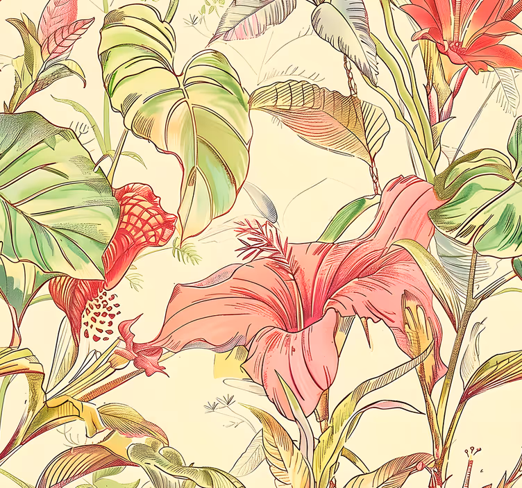 Papel tapiz hojas patrón de flores inglesas - TenVinilo