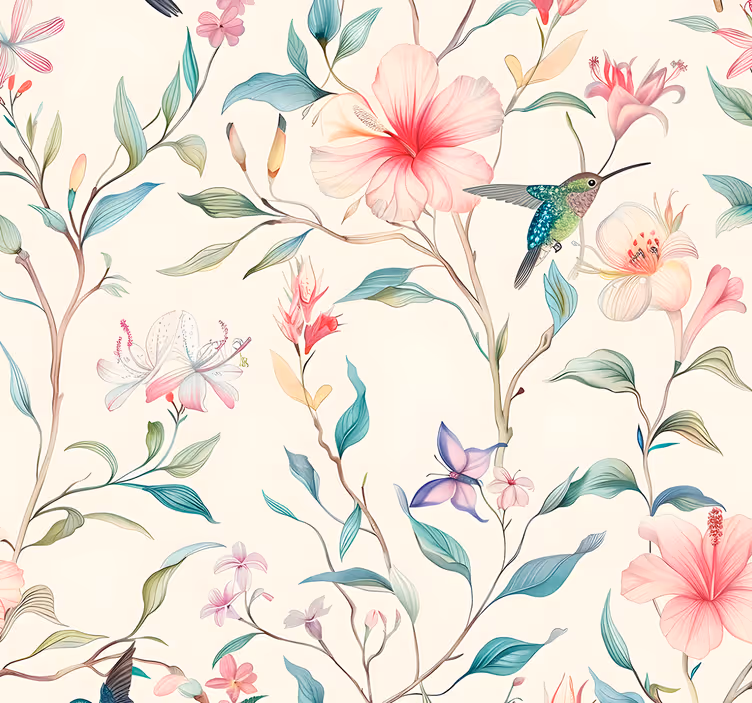 Papel tapiz floral patrón de flores y colibríes - TenVinilo