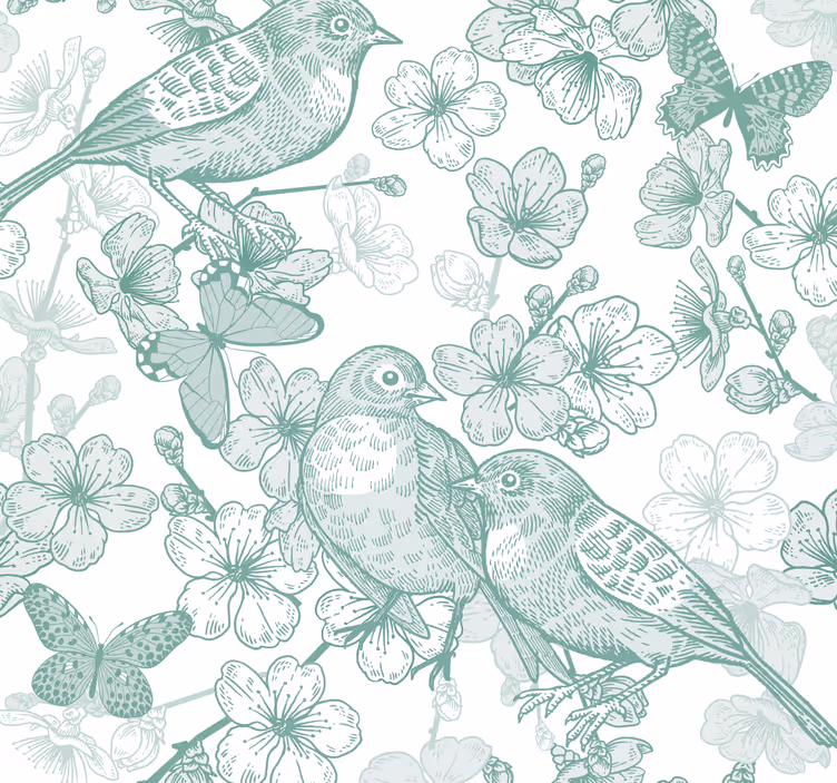 Papel tapiz pájaros motivo floral aviar - TenVinilo